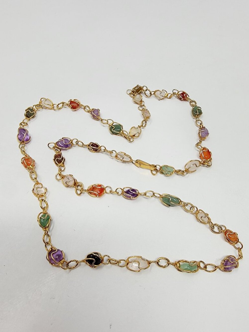 Vintage Gold Tone Multicolor Glass Necklace 25” Faux Semi-Precious Look